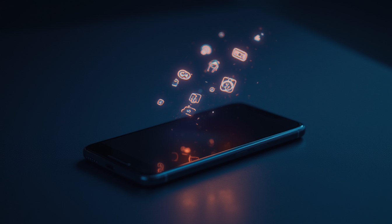 Smartphone dobrável Android com ícones de aplicativos flutuando sobre a tela