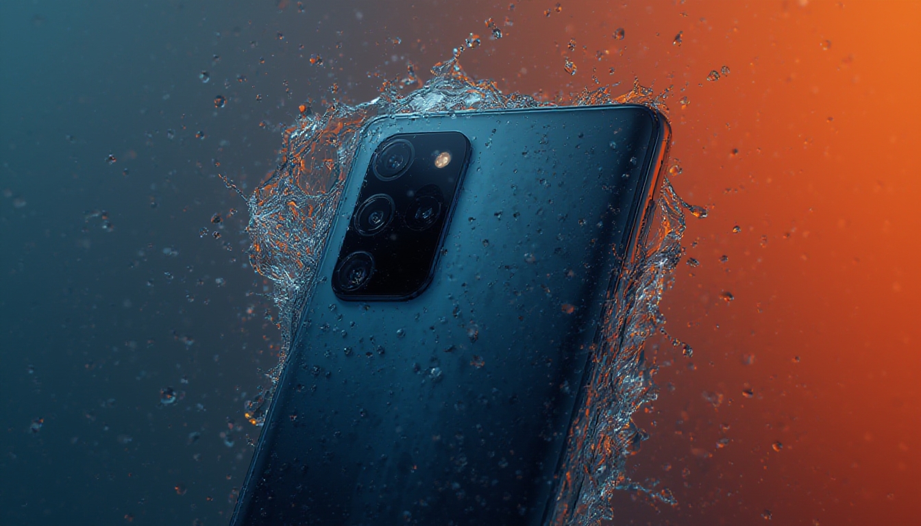 Smartphone Android intermediário com câmera Sony e gotas de água ao redor, indicando resistência