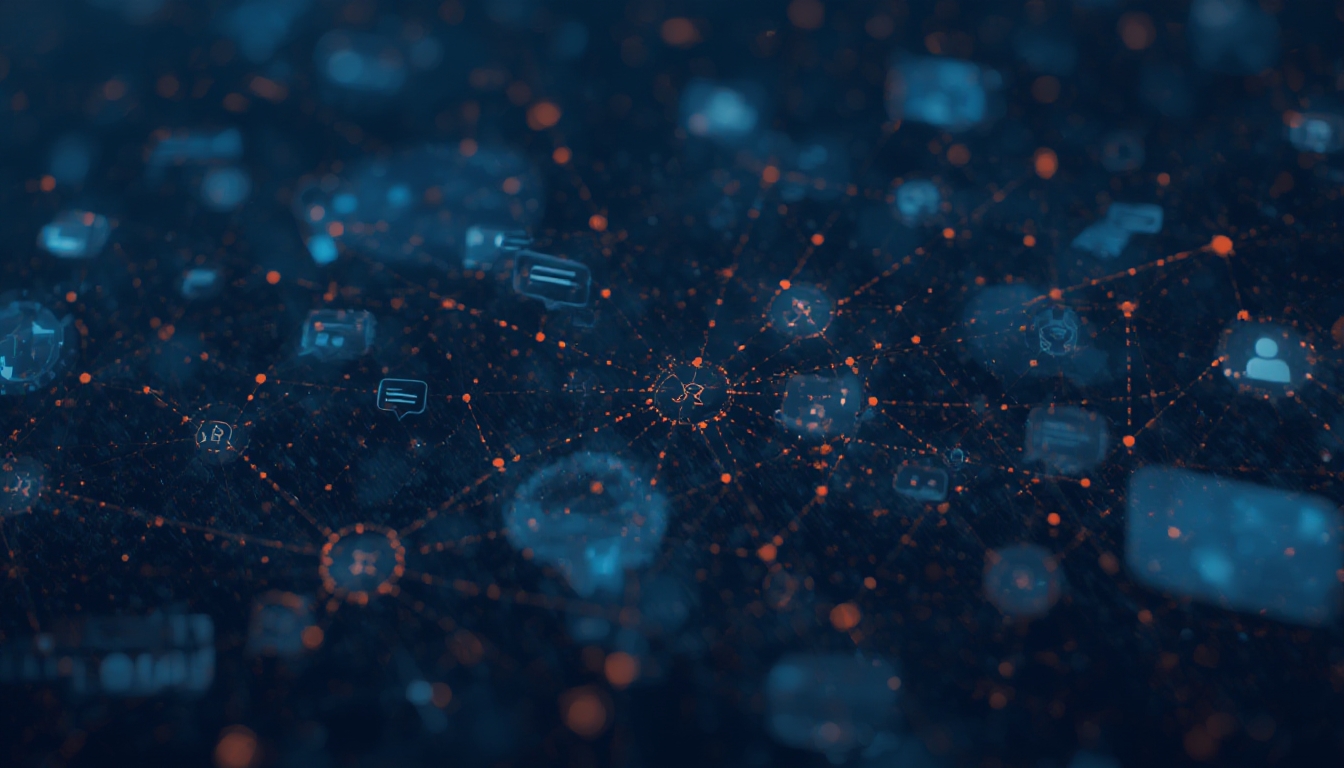 Painel de trabalho abstrato com nós de agentes de IA conectados e balões de chat