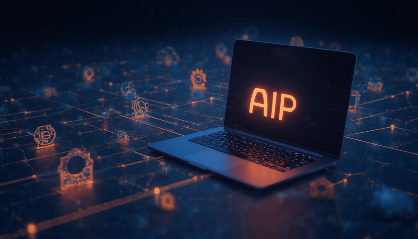 Linhas de conexão de API ligando um notebook a ícones de nuvem e engrenagens de automação