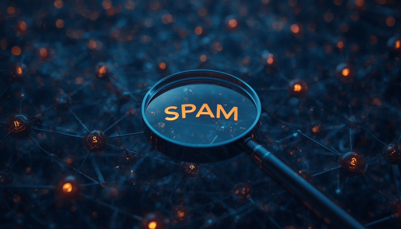 Lupa sobre uma rede de nós representando sites, alguns marcados com alerta