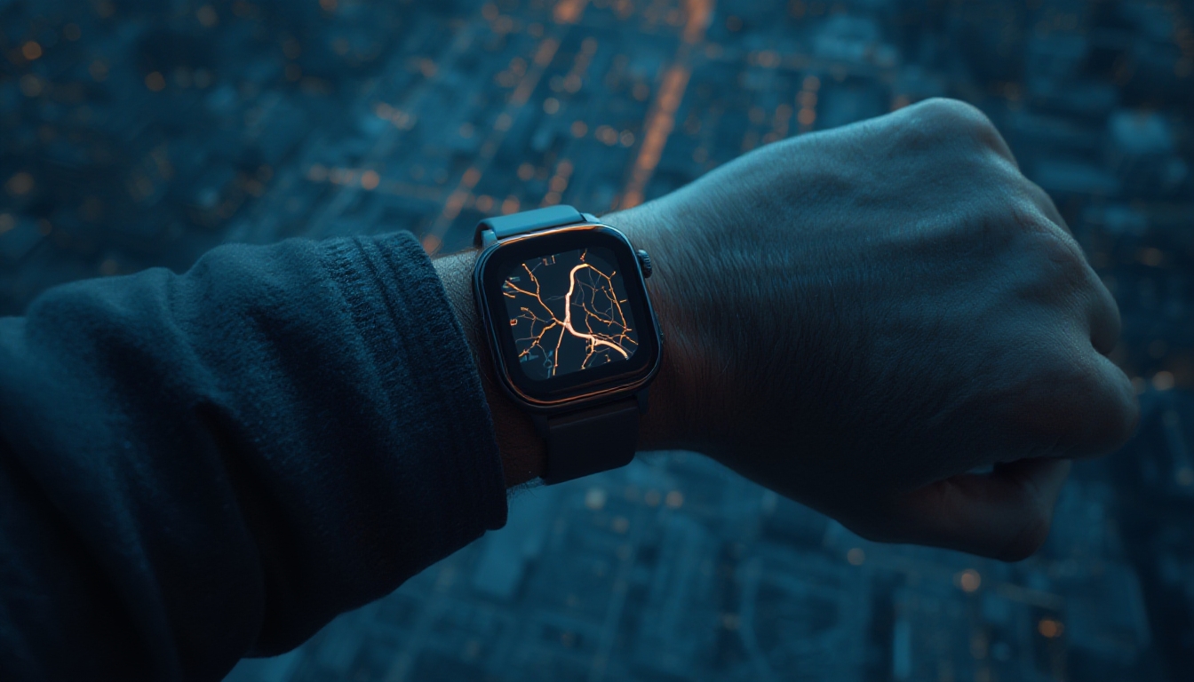 Corredor usando smartwatch com trilha de GPS sobreposta em um mapa da cidade
