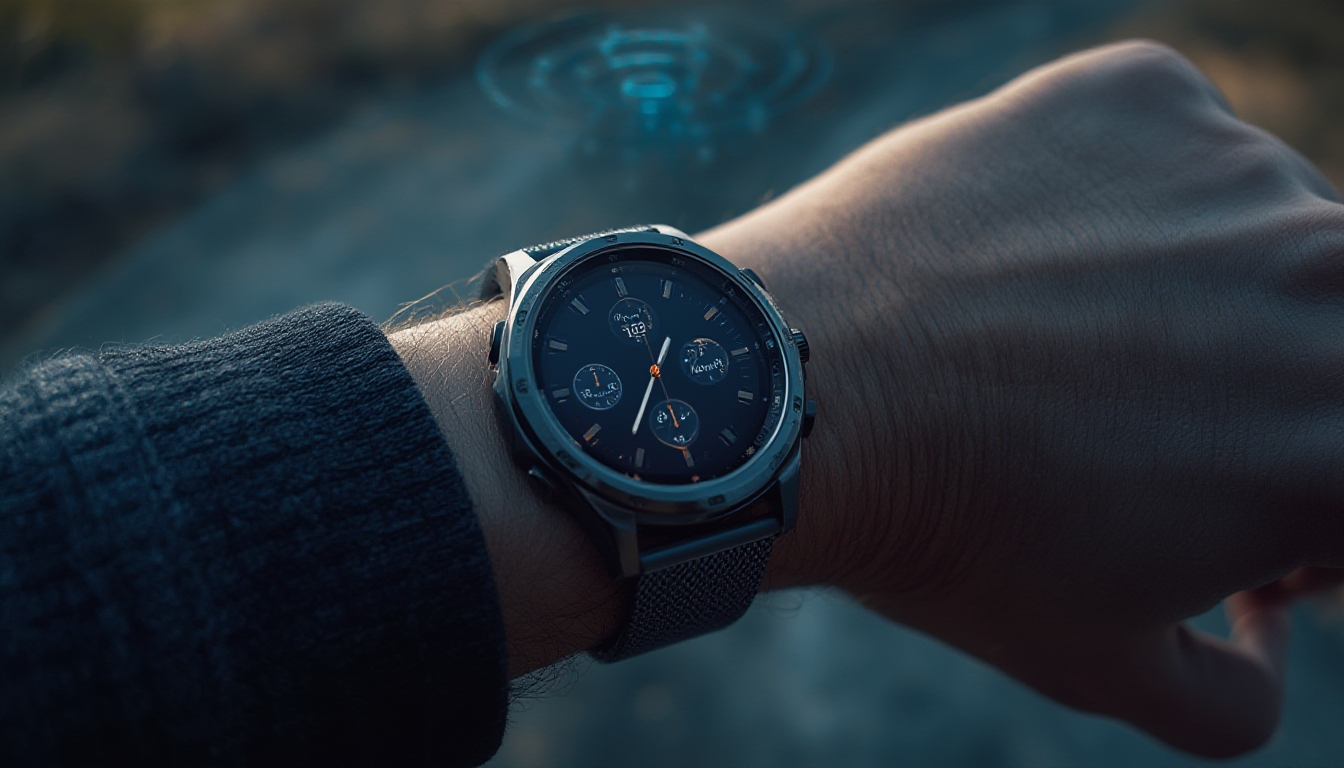 Smartwatch robusto de titânio no pulso durante um passeio de bicicleta