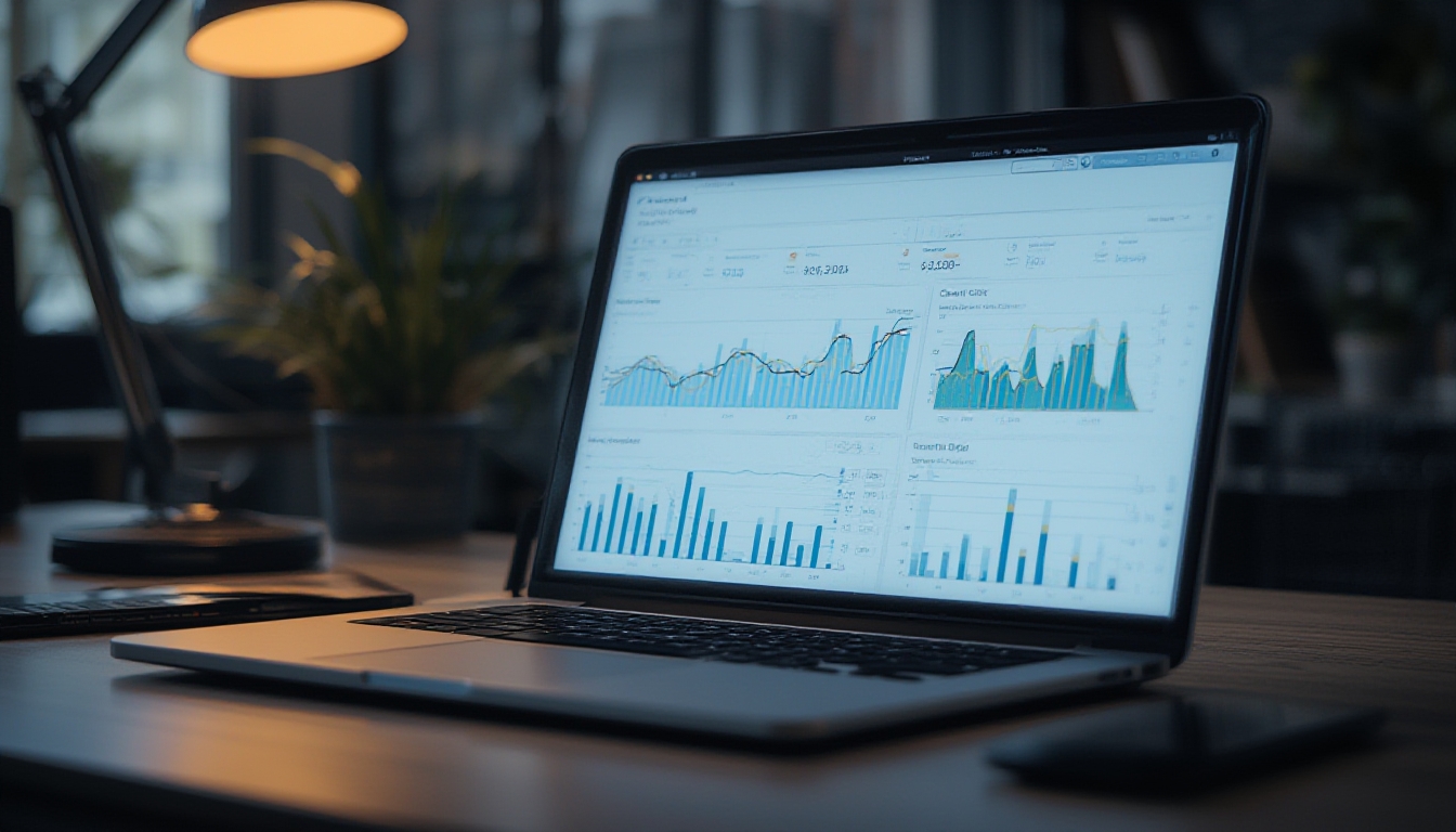 Painel de análise de marketing em notebook mostrando gráficos de cliques e impressões