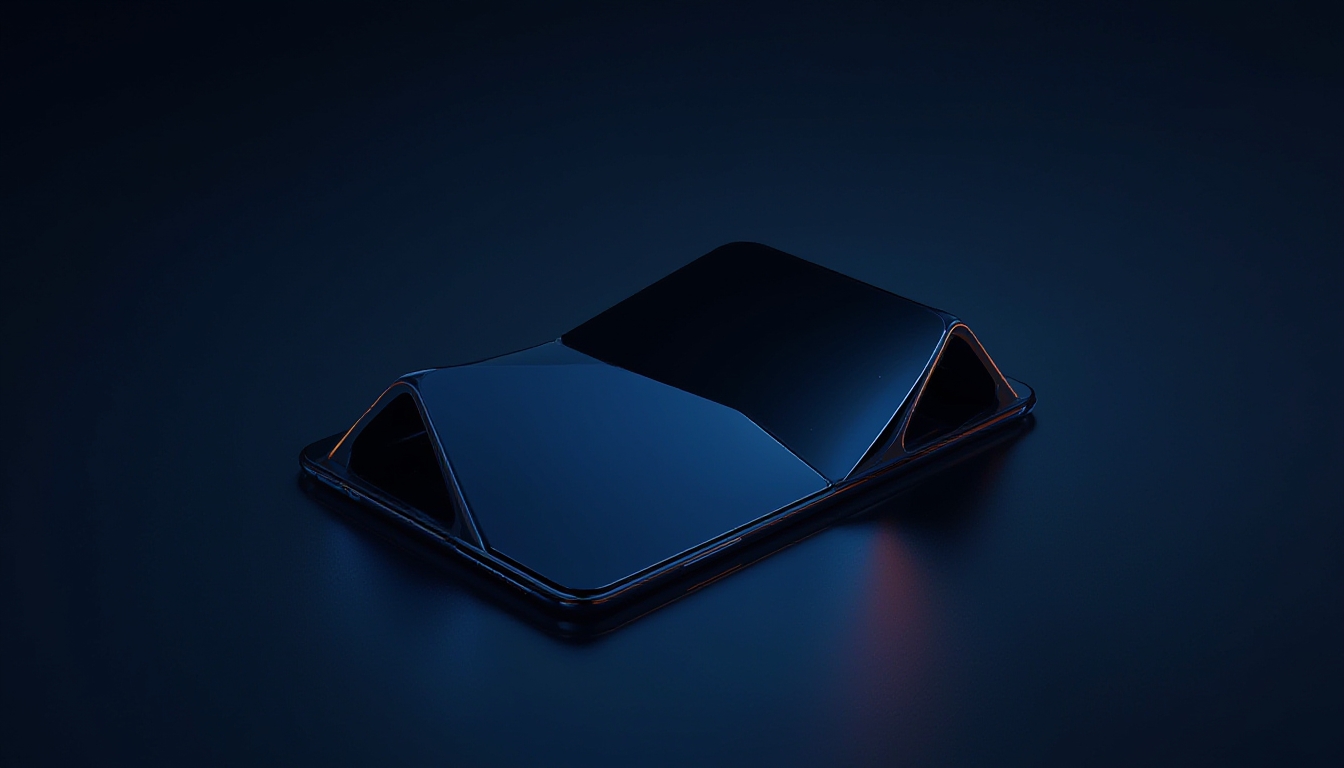Smartphone tri-fold futurista se desdobrando em uma tela do tamanho de um tablet