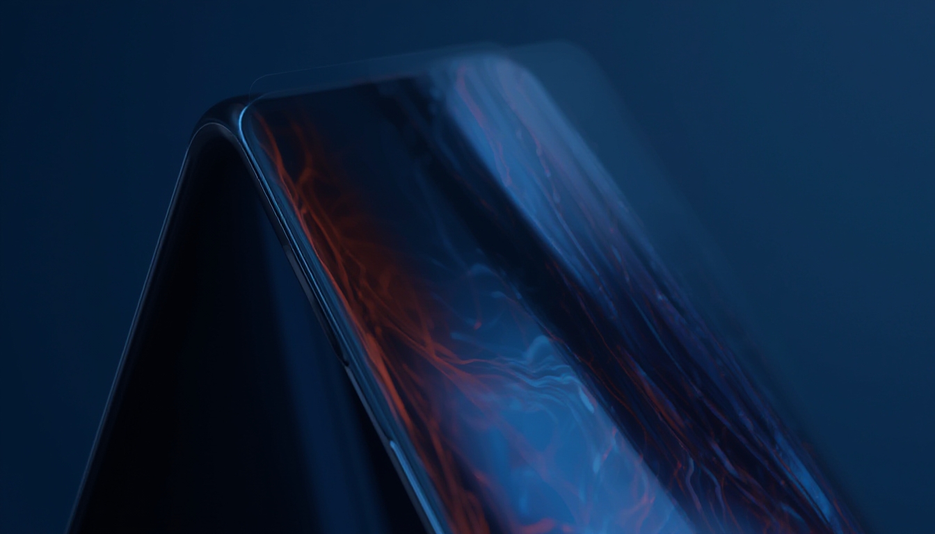 Close-up de tela de smartphone dobrável com efeito de filtro de privacidade visível em ângulo lateral