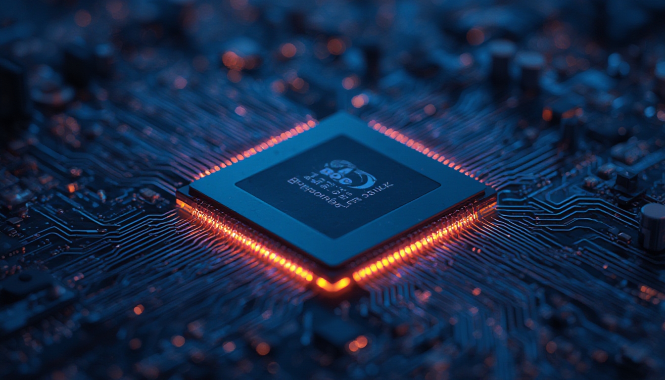 Macro de chip de processador avançado sobre placa de circuito com iluminação futurista