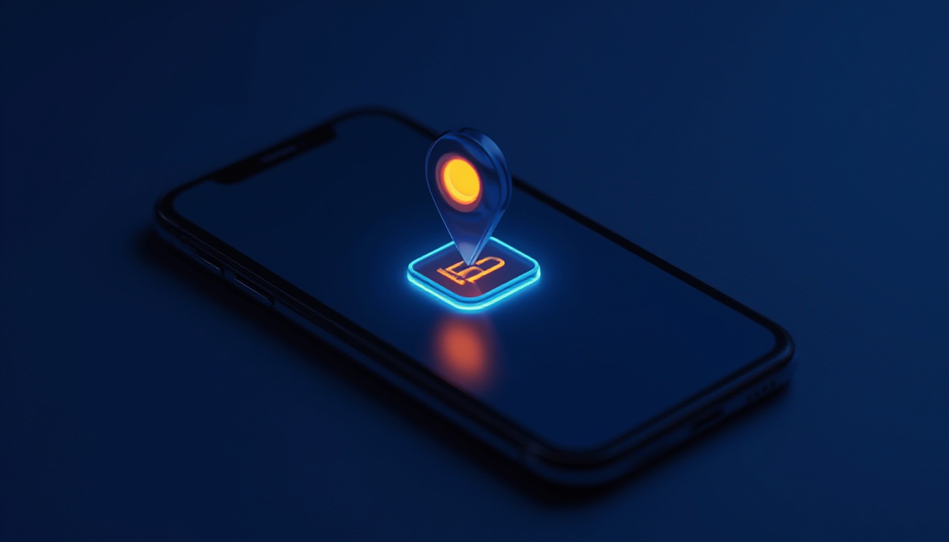 Tela de smartphone exibindo aplicativo de localização com marcador sobre ícone de gaveta de quarto
