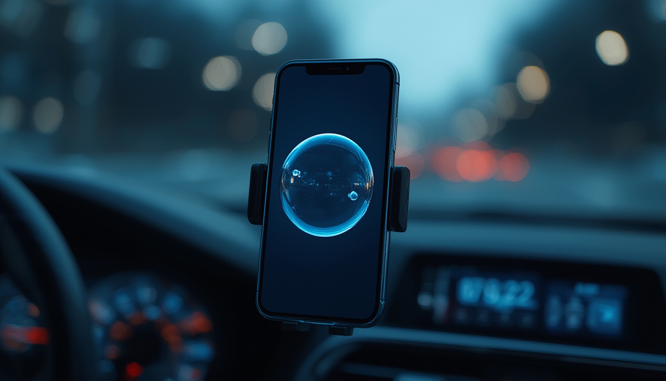 Smartphone em suporte veicular exibindo sobreposição sutil de bolha animada na tela