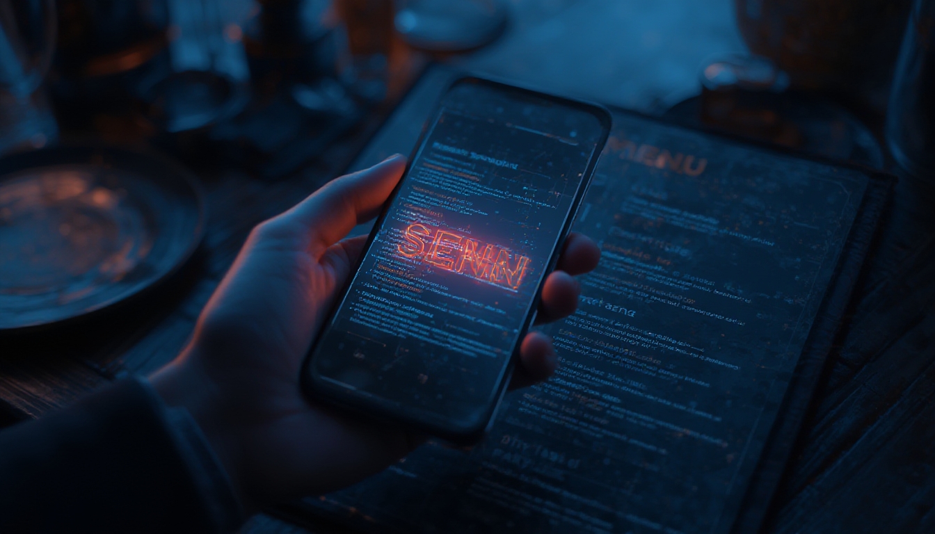 Pessoa segurando smartphone diante de um cardápio de restaurante com efeito sutil de leitura por IA
