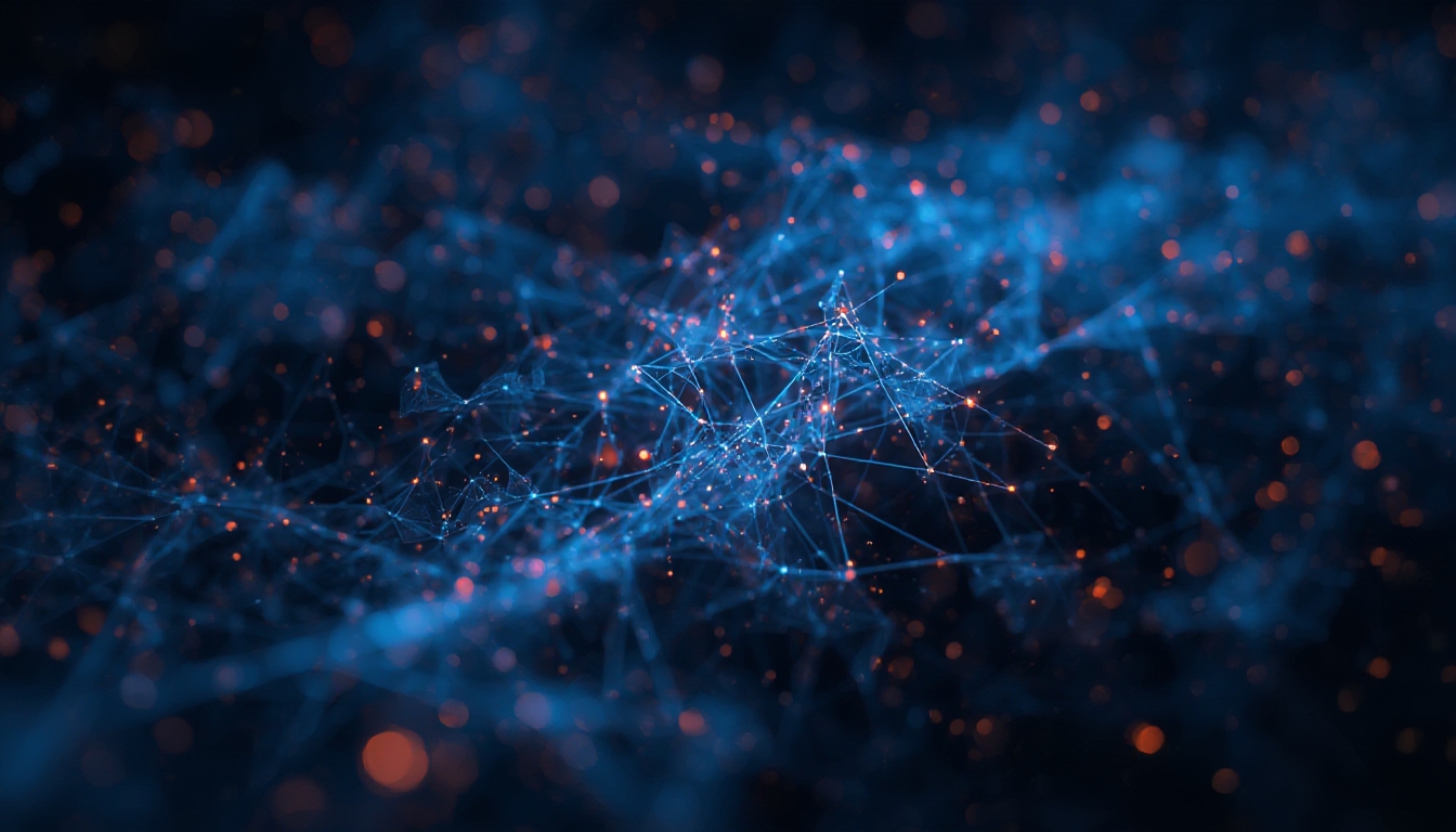 Visualização abstrata de rede de citações com fragmentos translúcidos representando menções de marca não identificadas