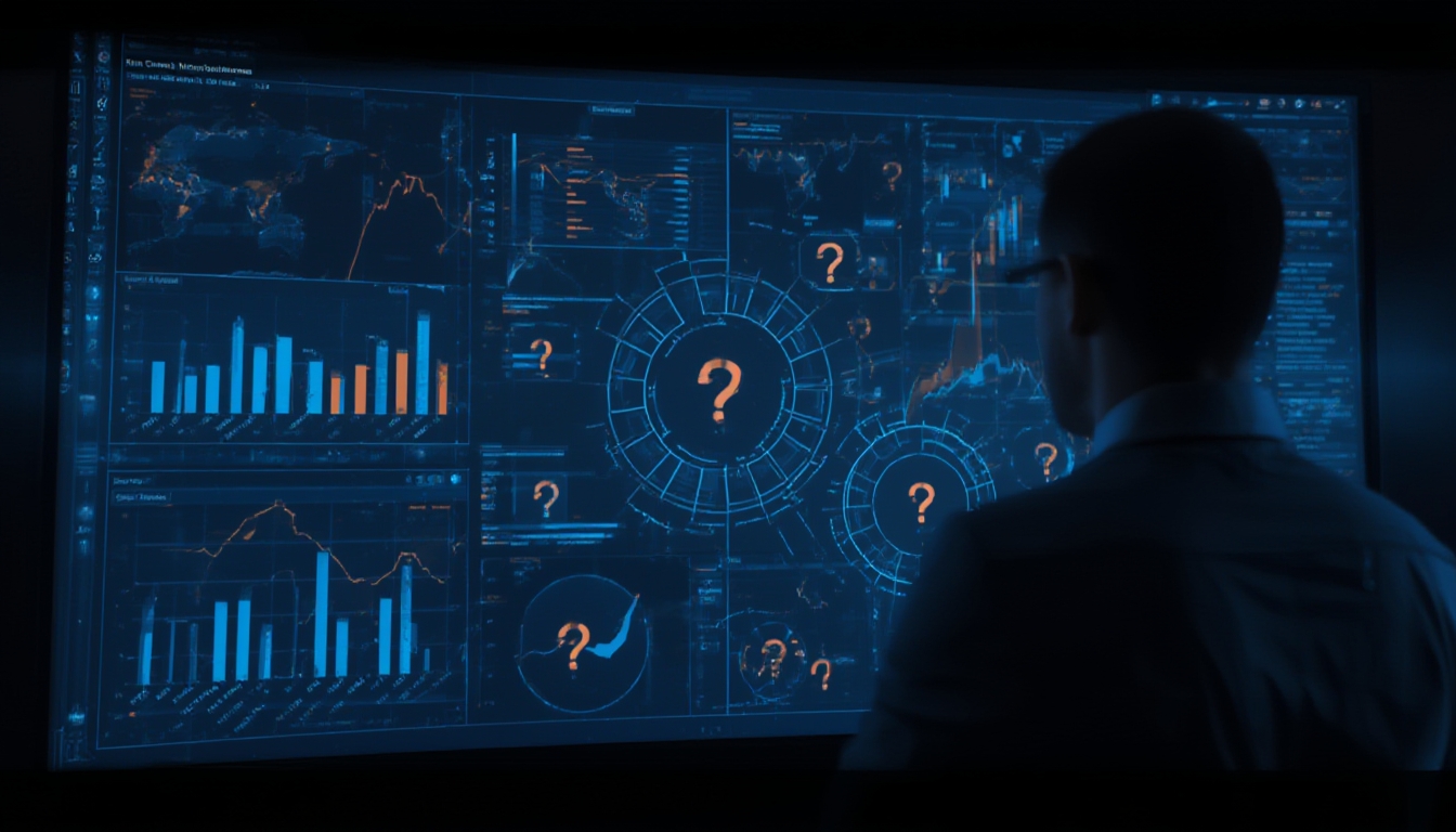 Analista observando painel com gráficos fragmentados e pontos de interrogação representando lacunas de mensuração