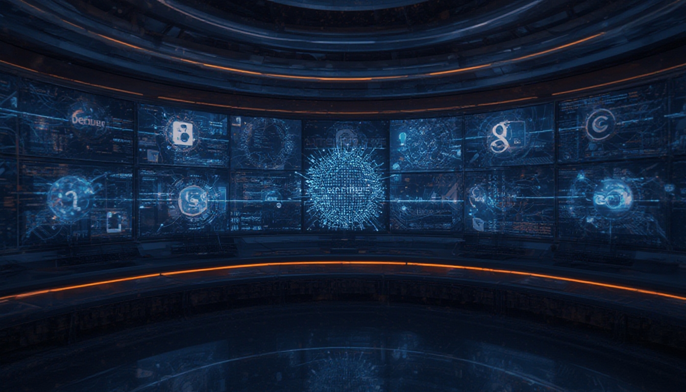 Sala de controle futurista com telas exibindo orbes conectados por fluxos de dados representando diferentes motores de busca