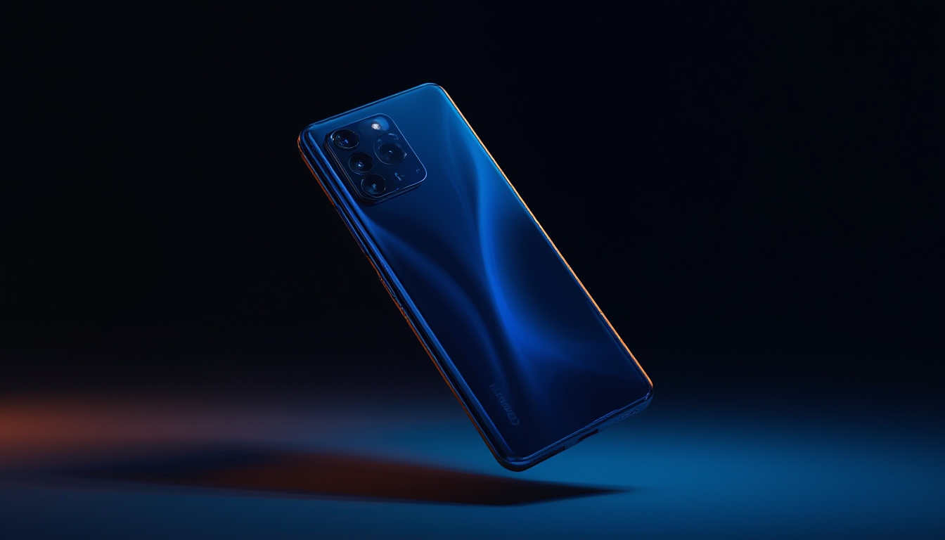 Smartphone preto Xiaomi Redmi Note 15 5G em pé sobre superfície clara, com tela abstrata azul e roxa