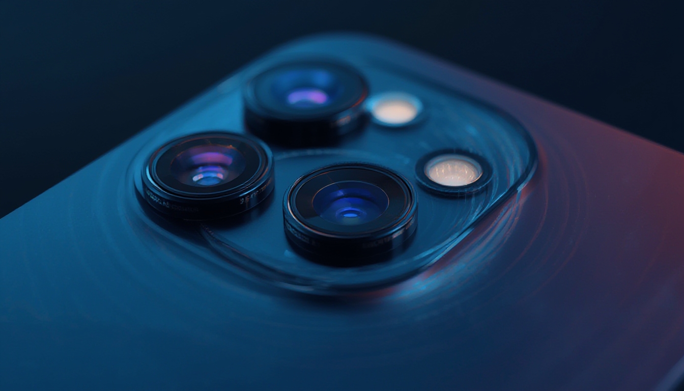 Close-up de módulo de câmera tripla de smartphone com anéis sutis representando estabilização óptica