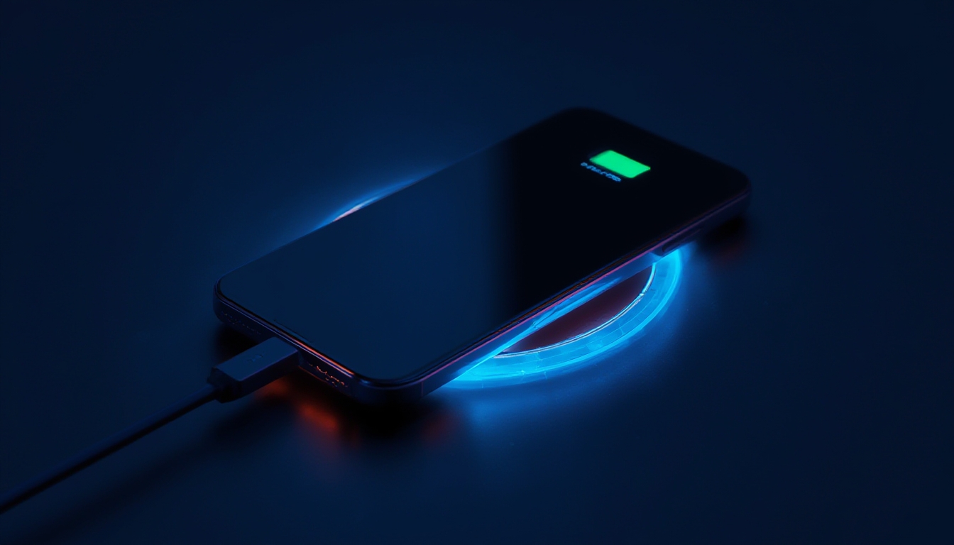 Smartphone carregando com brilho de energia visível ao redor do conector do cabo