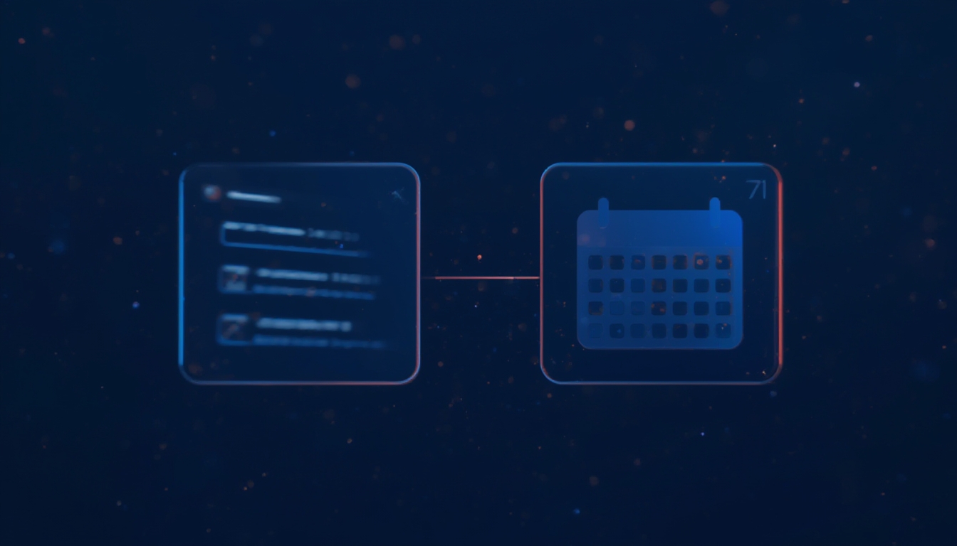Representação abstrata de assistente de IA resumindo um e-mail e criando um evento de calendário simultaneamente em dois painéis conectados