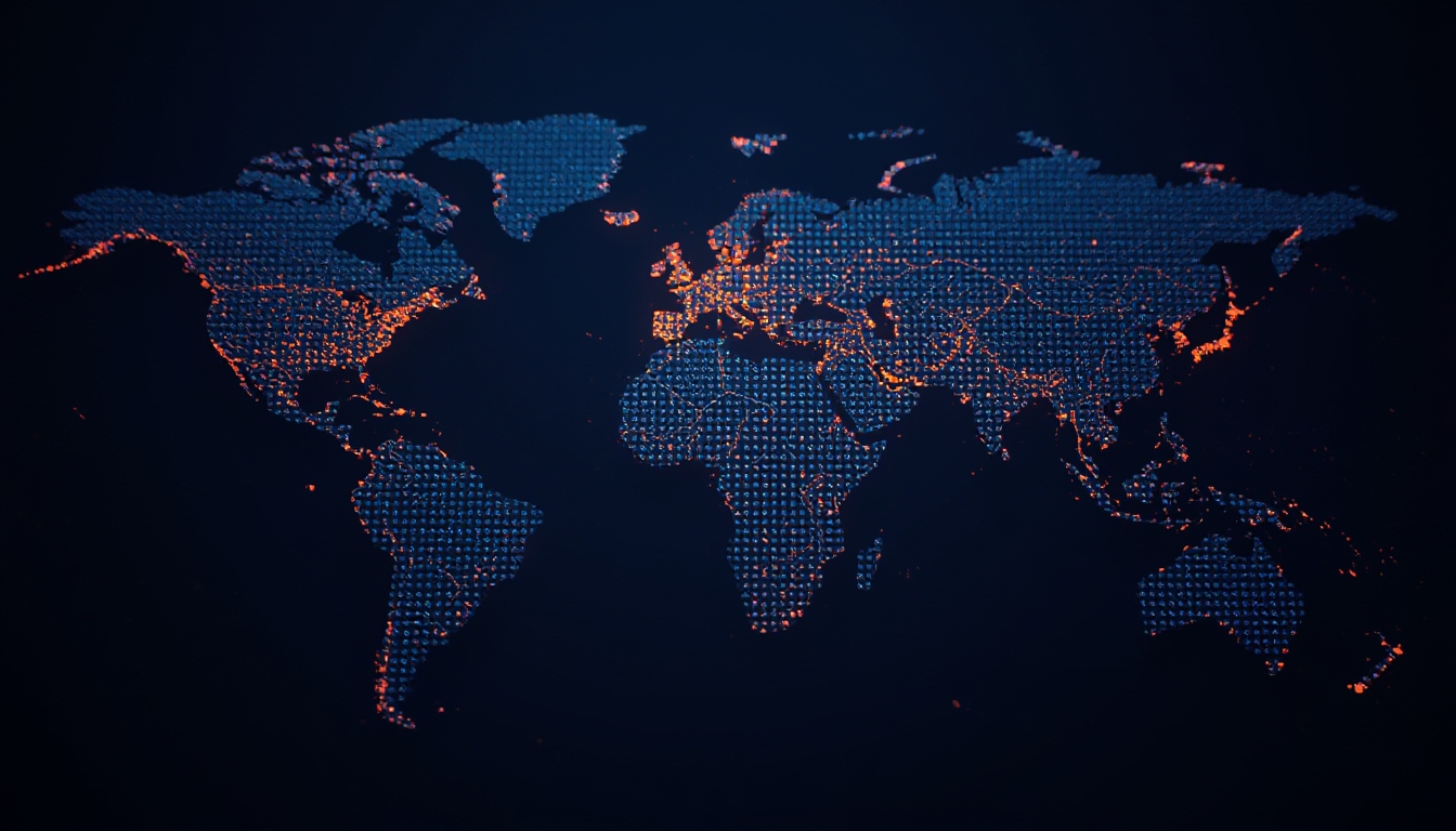 Mapa-múndi feito de pontos de dados brilhantes representando um lançamento global de recurso de software