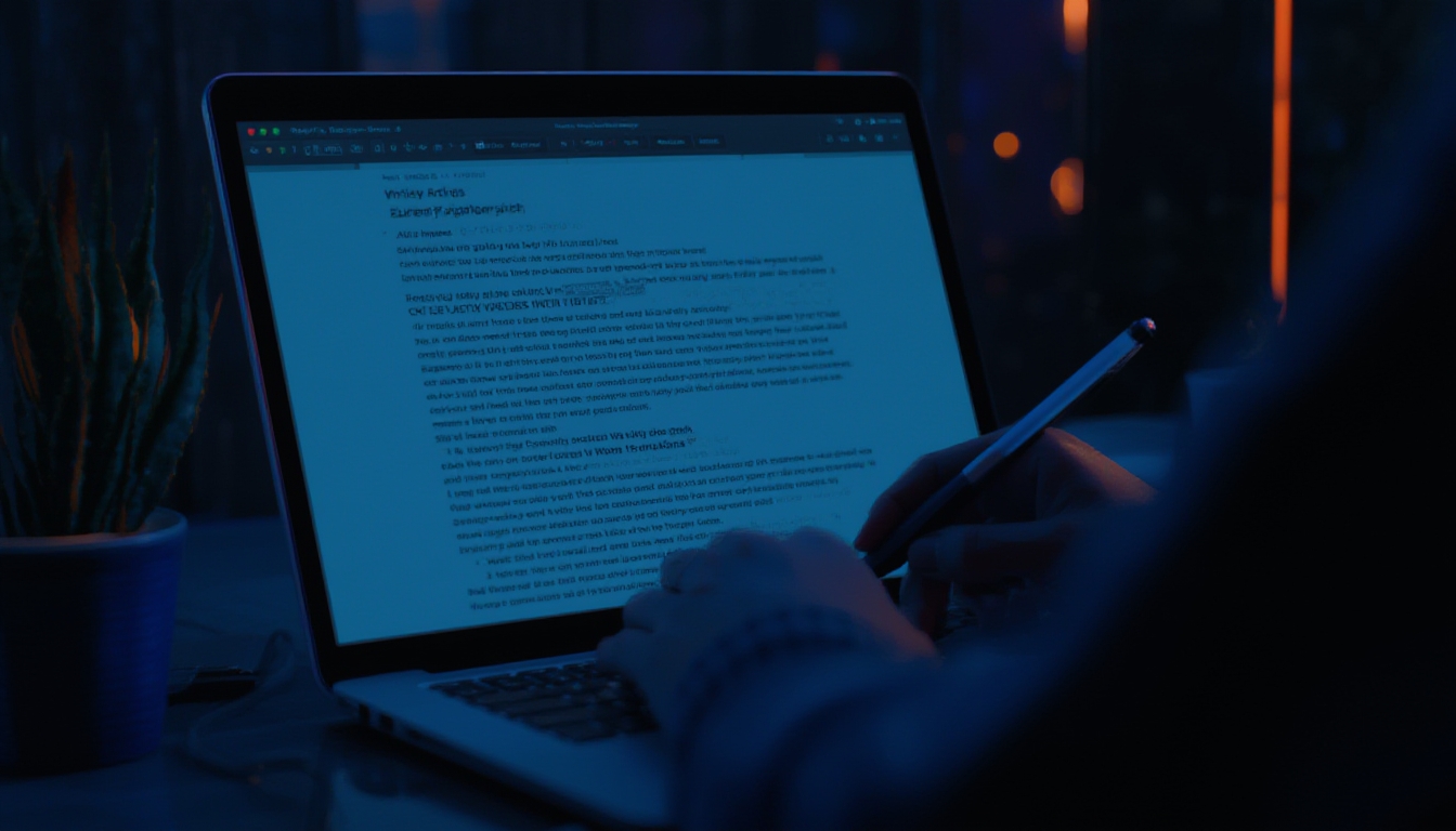 Redator editando um artigo estruturado com títulos visíveis e parágrafos curtos em uma tela de notebook