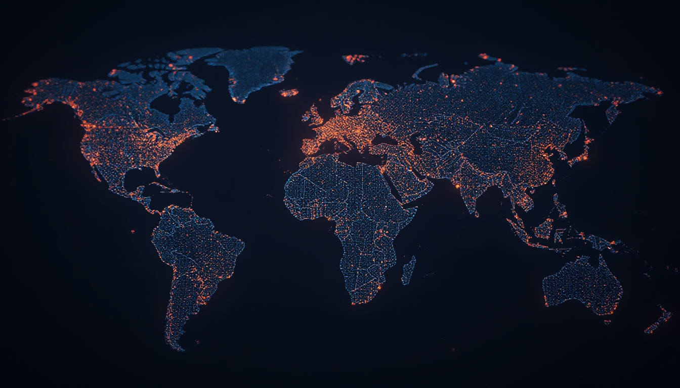 Mapa-múndi feito de pontos de dados conectados representando o lançamento global de uma ferramenta de publicidade