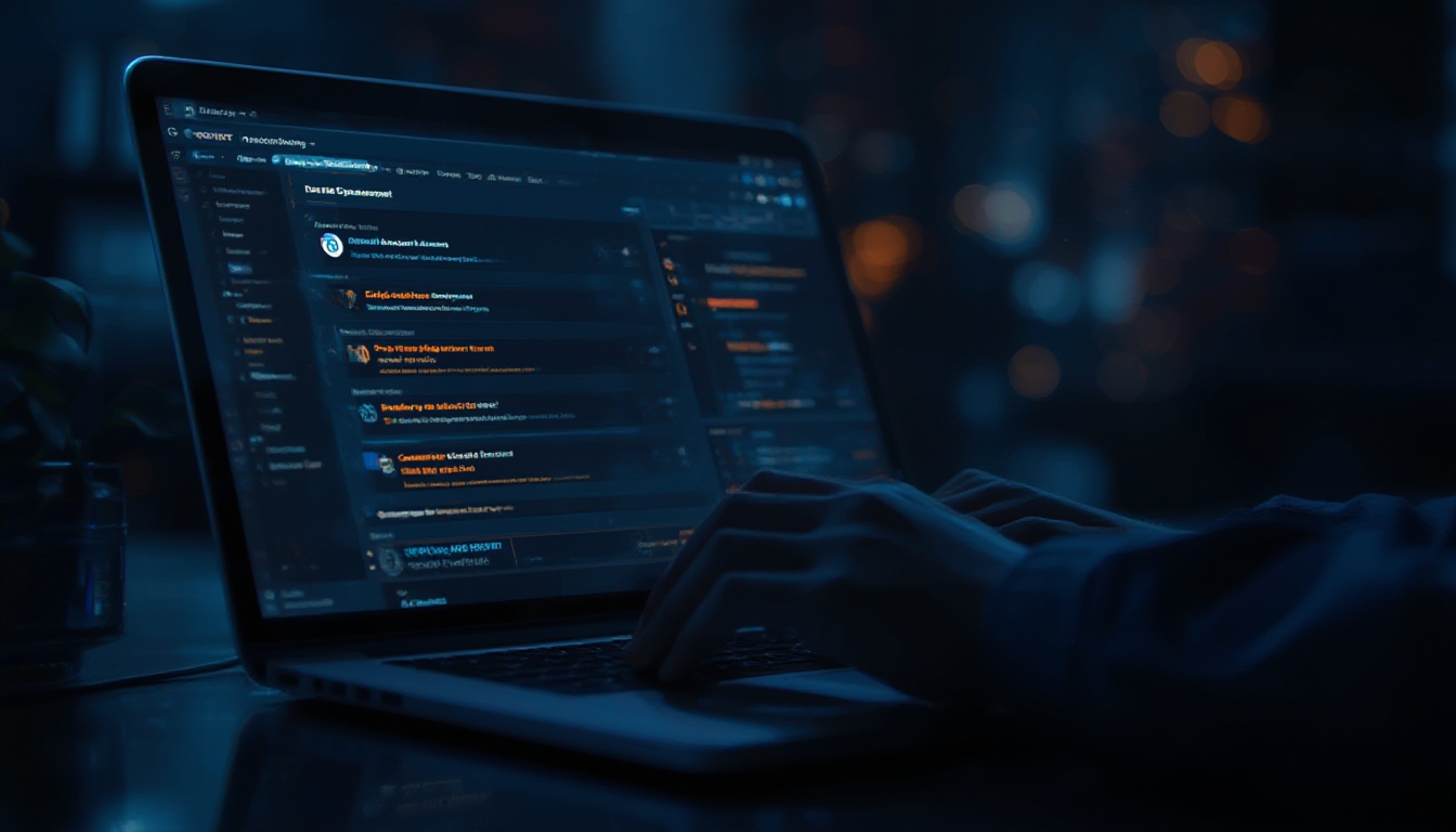 Profissional de marketing revisando alertas de resolução de conta e recomendações em um notebook com brilho suave de IA