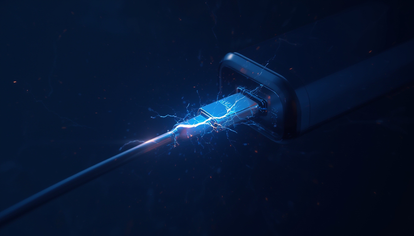 Cabo de carregamento rápido conectado a um smartphone com efeito de energia