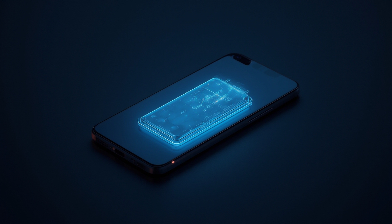 Silhueta de célula de bateria brilhante ao lado de smartphone premium