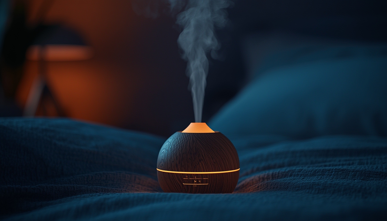 Difusor de aromas de madeira liberando névoa suave em quarto aconchegante