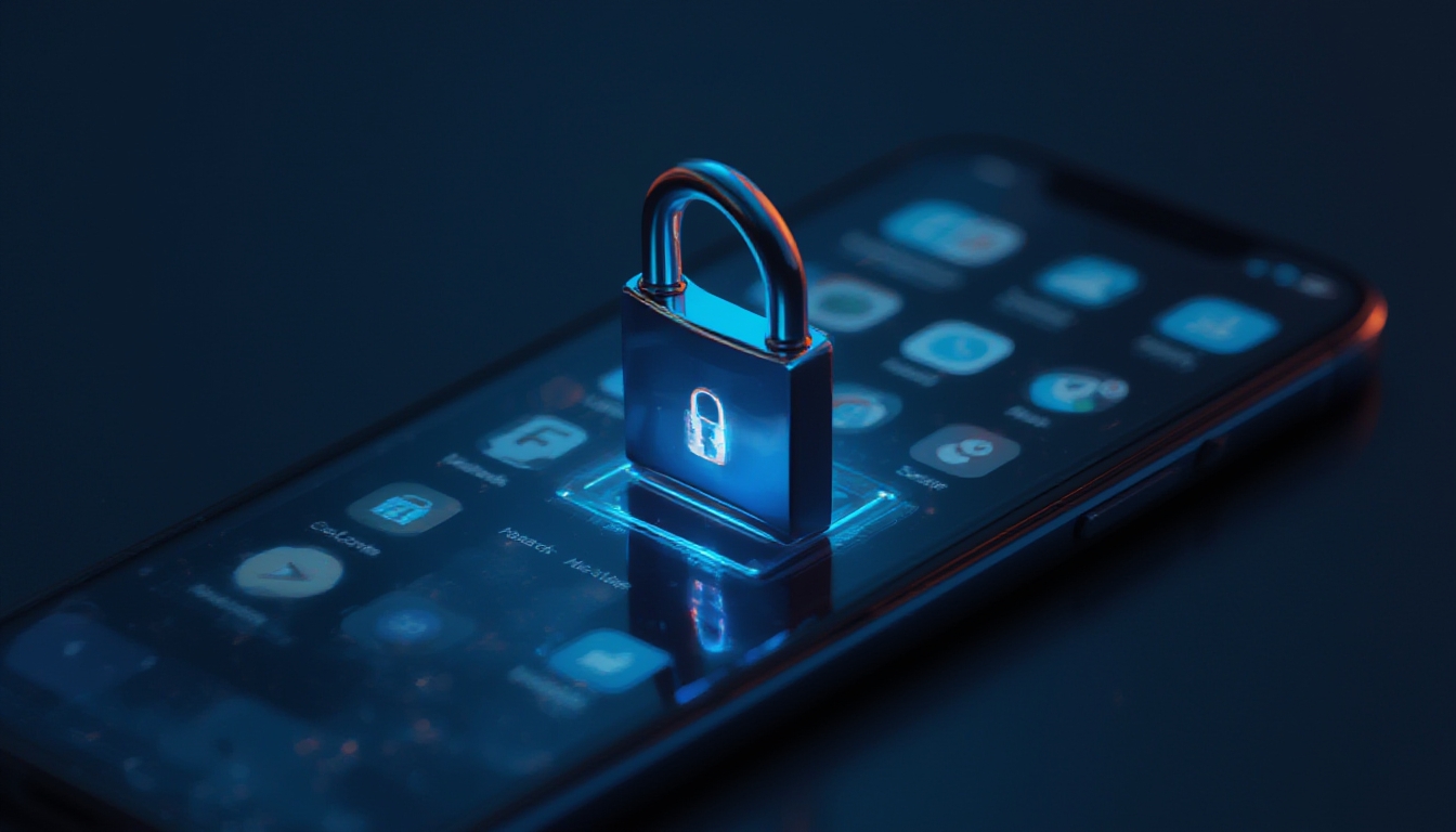 Ícone de cadeado protegendo uma grade de ícones de aplicativos em tela de smartphone