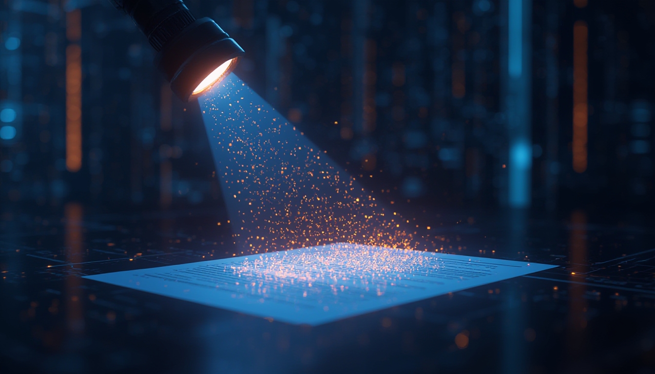 Representação de um artigo sendo analisado por um feixe de luz de inteligência artificial