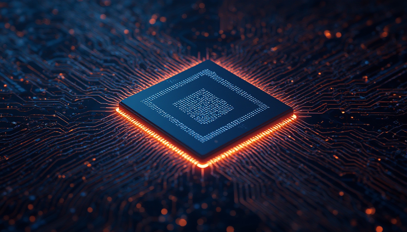 Chip processador brilhante com padrões de circuito irradiando energia