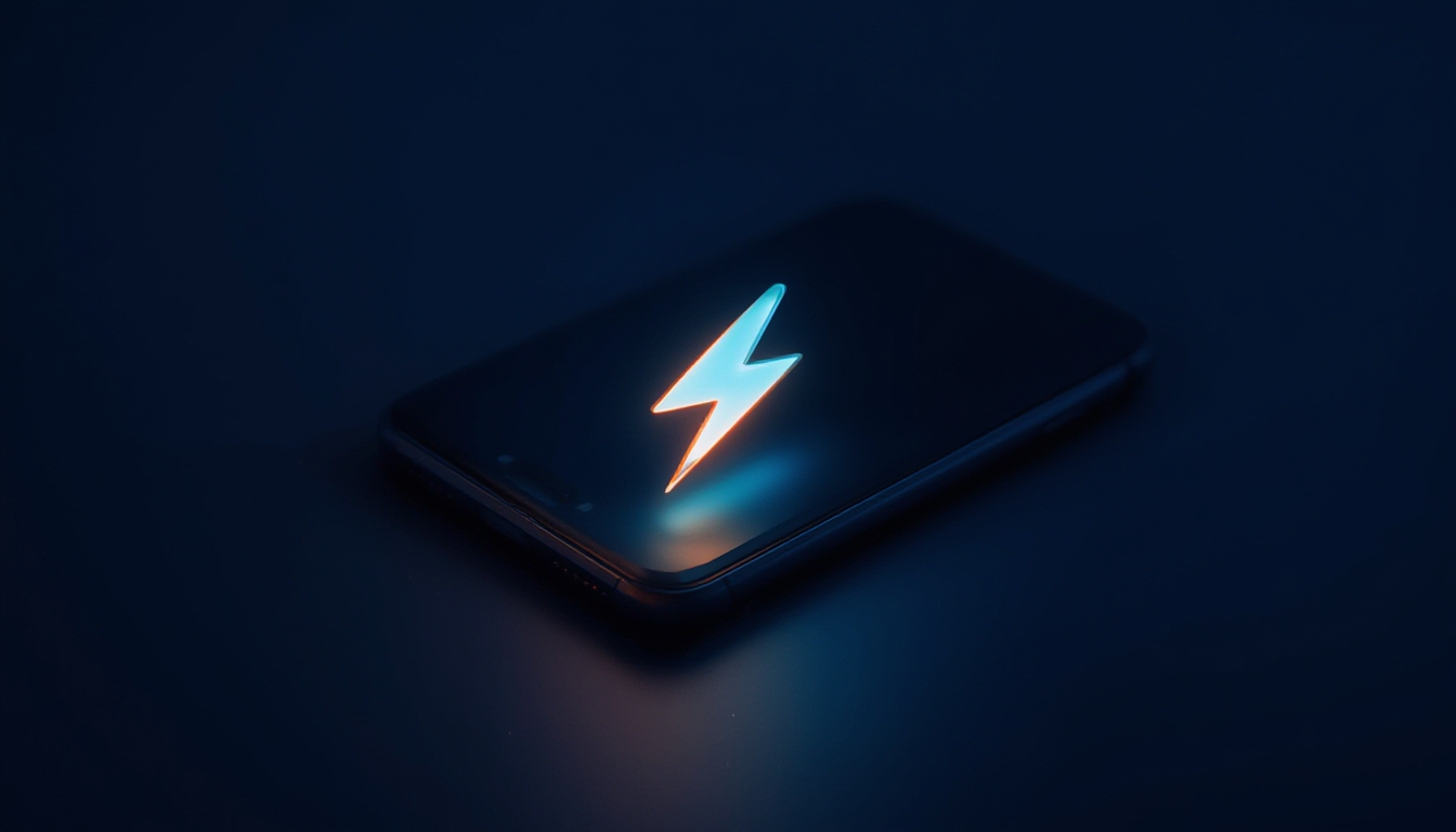 Ícone de bateria com raio de energia ao lado de silhueta de smartphone