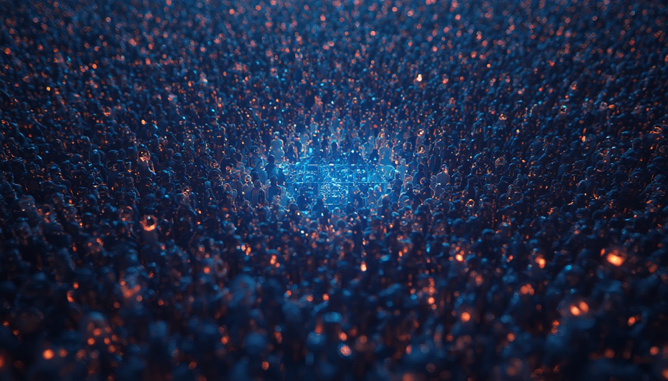 Uma vasta multidão de ícones de usuários abstratos convergindo para uma interface central de busca com IA