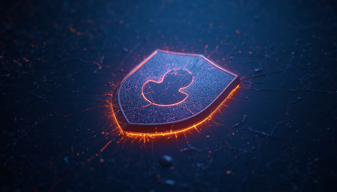 Ícone de escudo de navegador brilhante corrigindo rachaduras em uma superfície digital