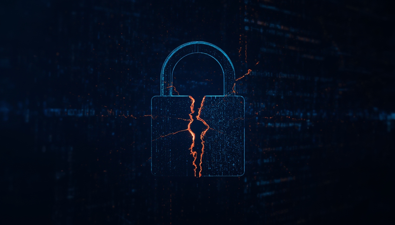 Ícone de cadeado quebrado com silhueta de hacker explorando uma rachadura em um fluxo de código