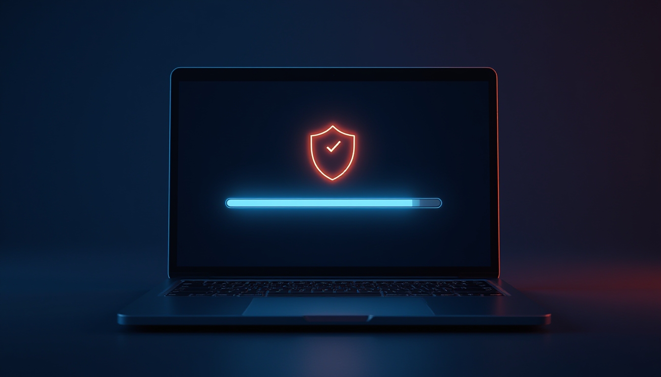 Tela de laptop mostrando barra de progresso de download com marca de verificação de escudo brilhante