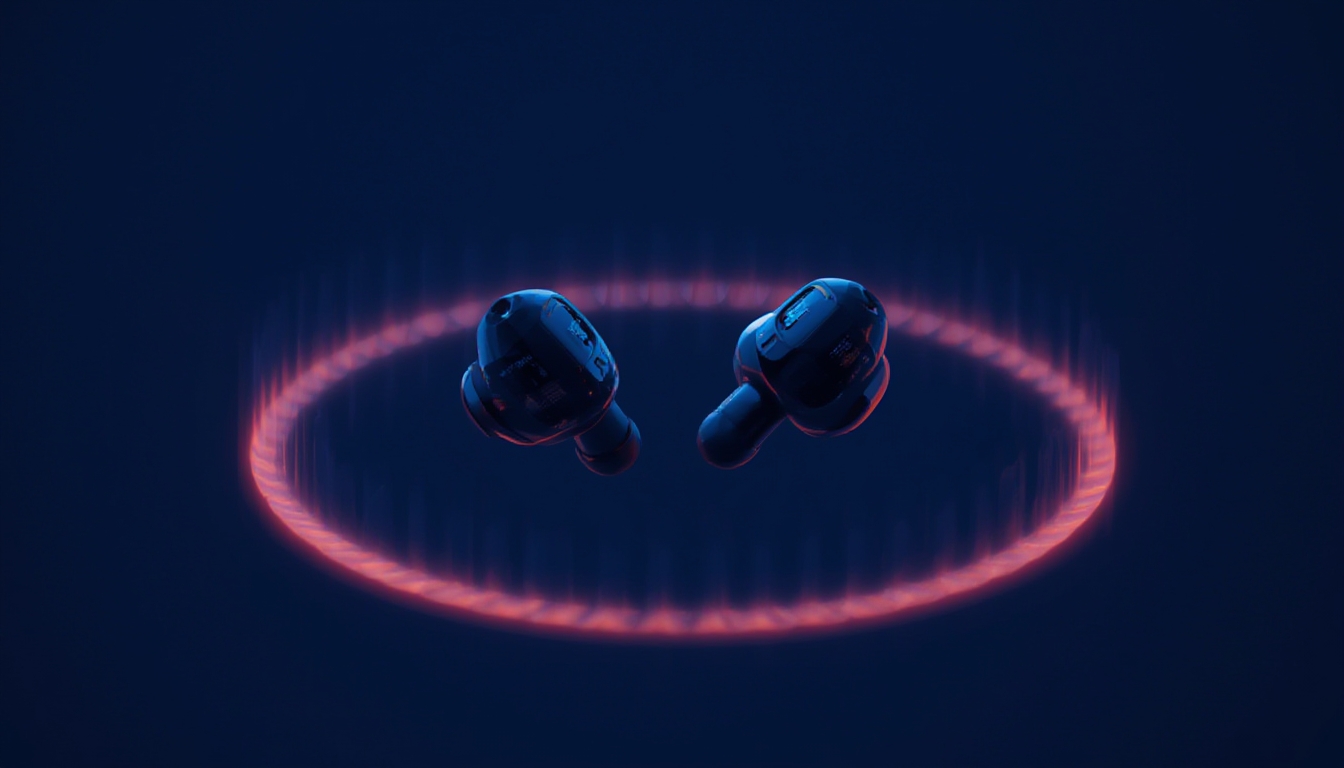 Fones de ouvido sem fio de design aberto flutuando com anéis de ondas sonoras brilhantes ao redor