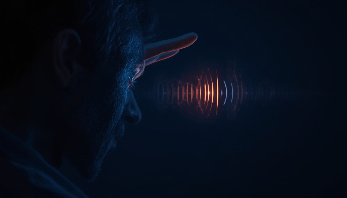 Pessoa acenando a cabeça com ondas de reconhecimento de gestos brilhantes conectando a um ícone de assistente de voz