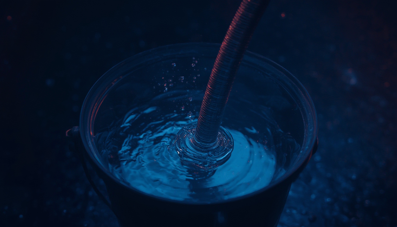 Mangueira submersa em um balde de água com filtro de sucção, simbolizando captação de água por sucção própria
