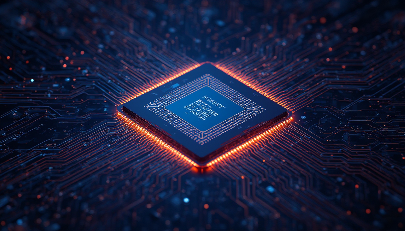 Chip processador de smartphone de próxima geração brilhante irradiando energia com padrões intrincados de circuito