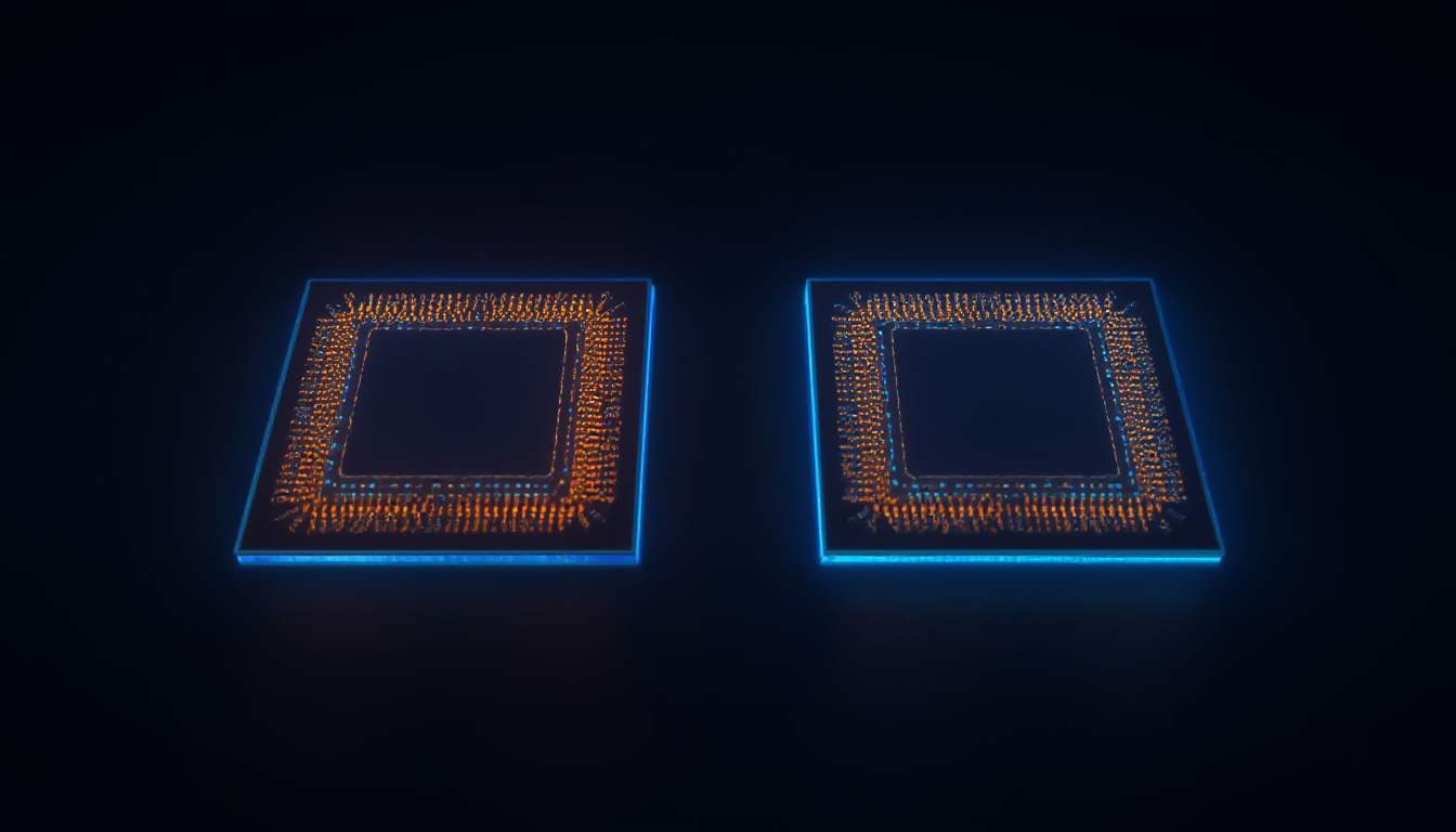Duas silhuetas de chip brilhantes idênticas lado a lado, uma ligeiramente maior e mais poderosa