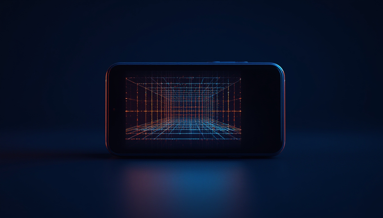 Câmera de smartphone capturando vídeo em 8K com sobreposição de grade de resolução brilhante