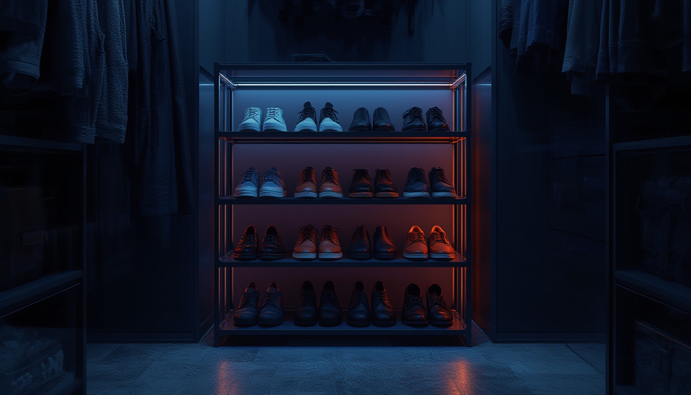 Sapateira compacta de 4 andares organizada com pares de sapatos em um closet moderno