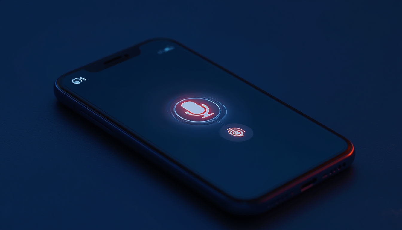 Interface de aplicativo de smartphone mostrando uma transmissão de câmera ao vivo com um ícone de assistente de voz brilhante conectado