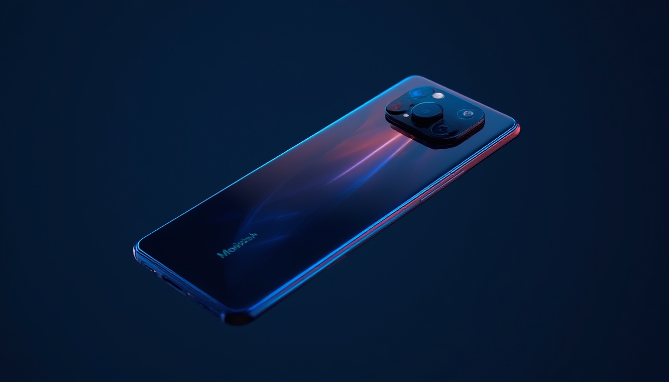 Smartphone premium flutuando com tela curva brilhante e módulo de câmera periscópica