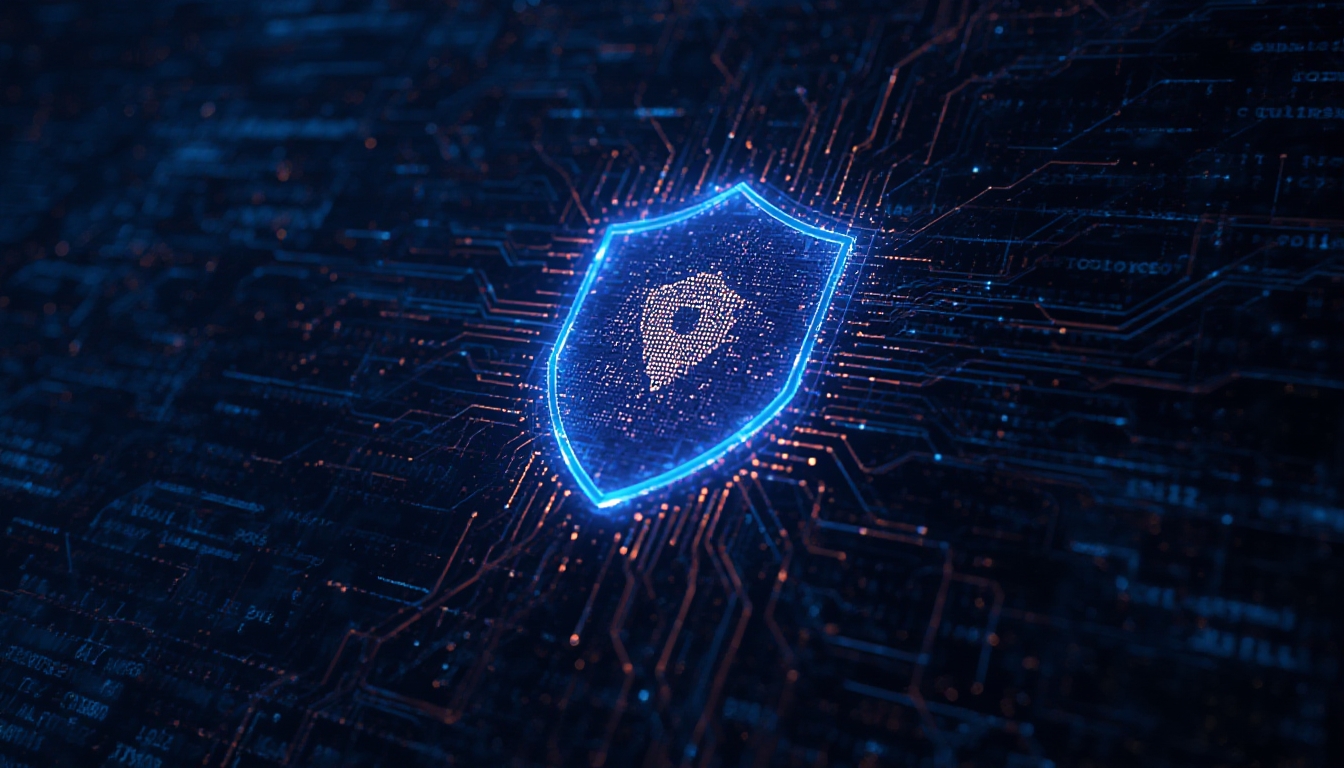 Escudo digital brilhante corrigindo ativamente vulnerabilidades em uma rede de código