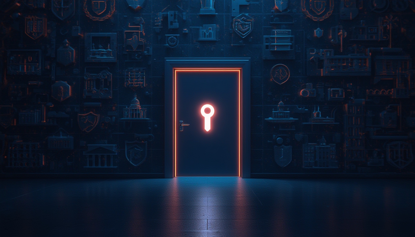 Porta de acesso com chave brilhante cercada por ícones de parceiros confiáveis, como escudos e silhuetas de prédios governamentais