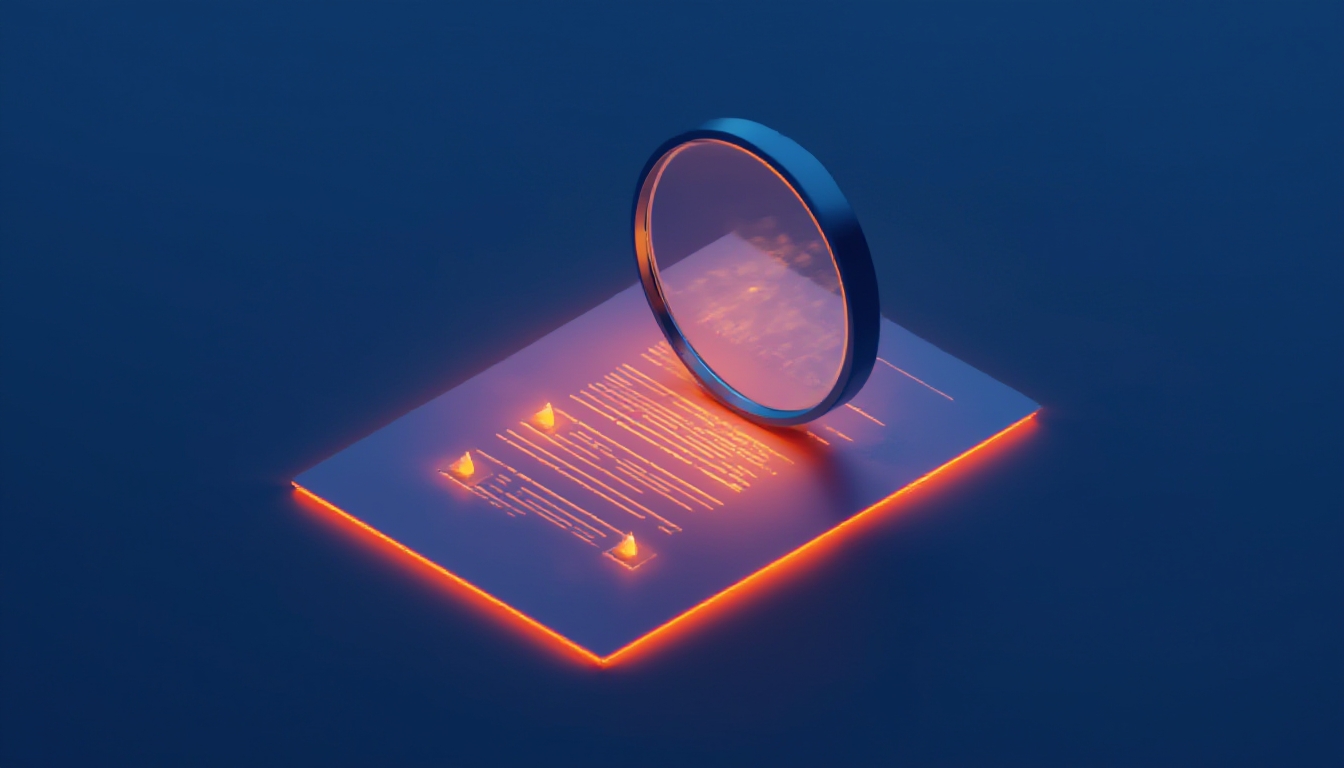 Lupa sobre documento digital com marcadores de alerta representando detector de alucinações de IA