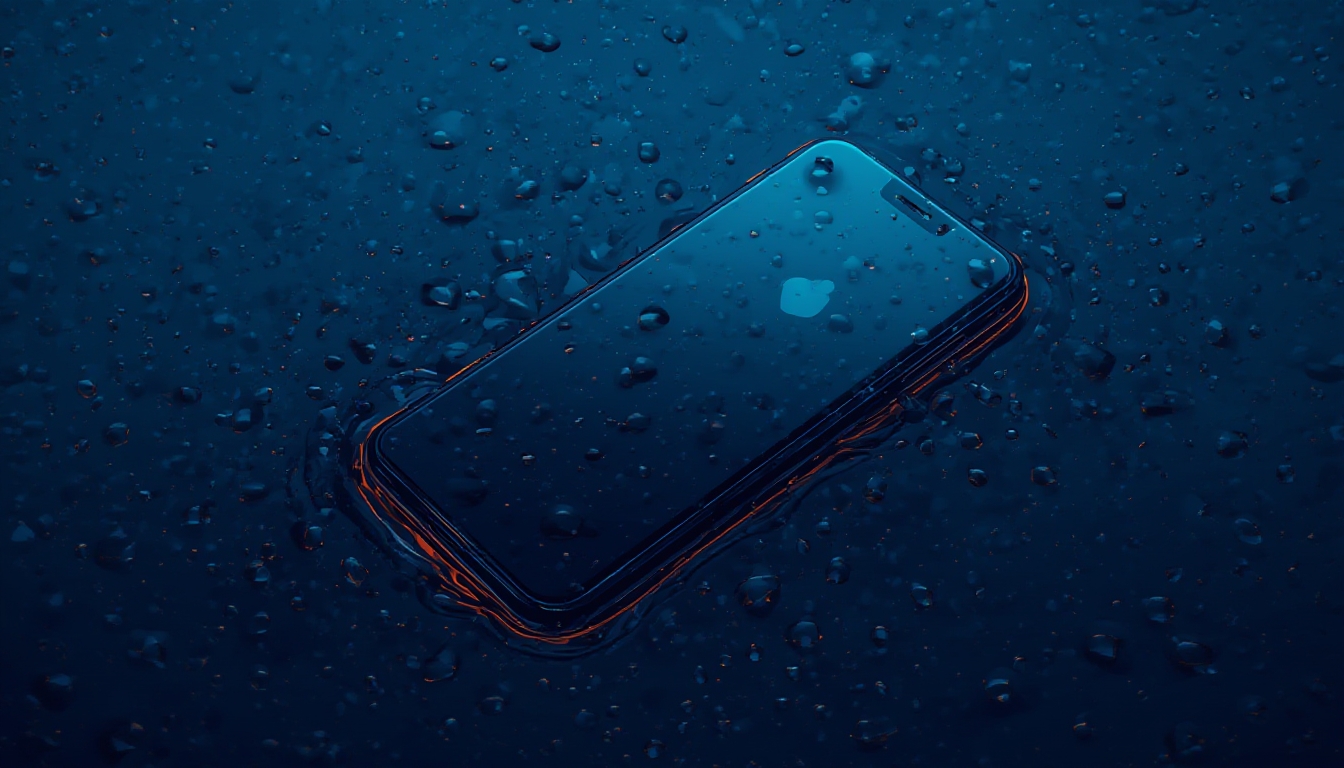 Smartphone parcialmente submerso em gotas de água representando resistência à água