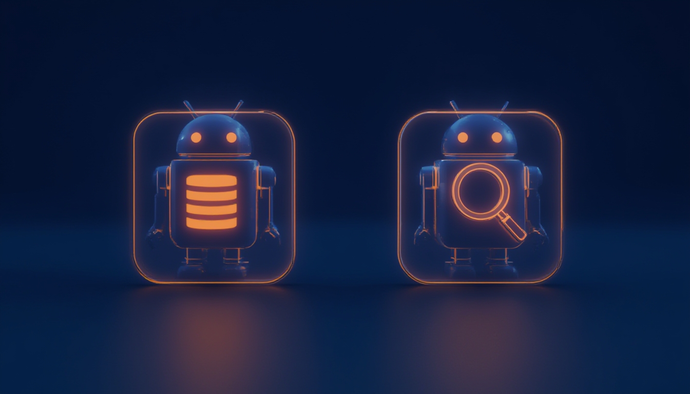 Dois robôs representando tipos diferentes de crawlers de IA: um de treinamento e outro de busca